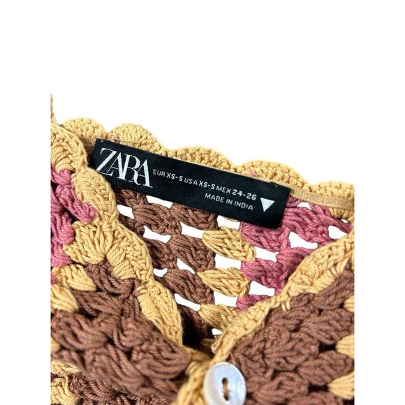 Zara Boho Open Knit Top Sz Small Neutrals Button Front Blouse Crop Festival - Picture 4 of 10